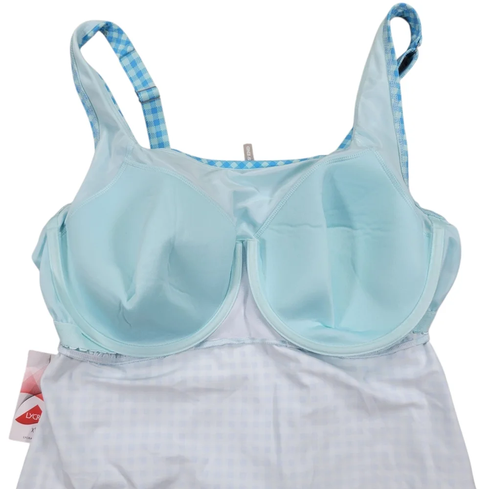 Lands End Square Neck Tankini Womens Plus 22W Swimsuit Top‎ Blue Gingham Check